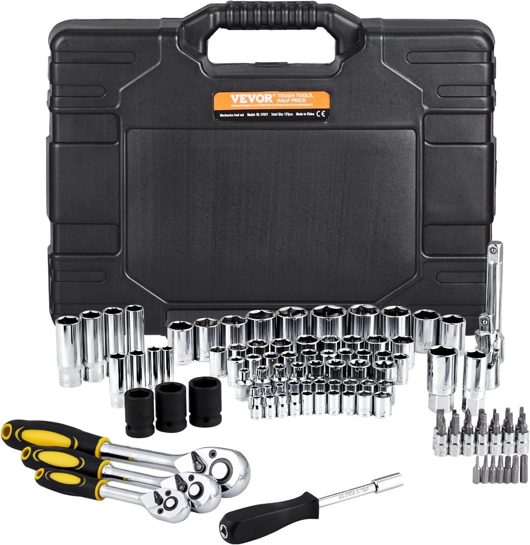 VEVOR 121-Piece Mechanics Tool Set - 1/4" 3/8" 1/2" Drive Sockets - SAE and Metric Mechanic Tool Kit with Bits - Ratchet Handle, Wrenches, Accessories, and Plastic Storage Case for Automotive Repair