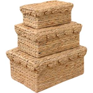 Scalloped Basket Set of 3  Woven Seagrass Storage Baskets with Lids  Decorative Natural Bins Baskets for Organizing, Boho Home, Shelves, Bathroom Decor