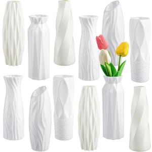 Hoolerry 12 Pcs White Flower Vases Bulk for Centerpieces Plastic White Bud Vase for Flowers Ceramic Look Flower Vase Decorative Tall Unbreakable Vase for Flowers Home Office Table(Retro Style)