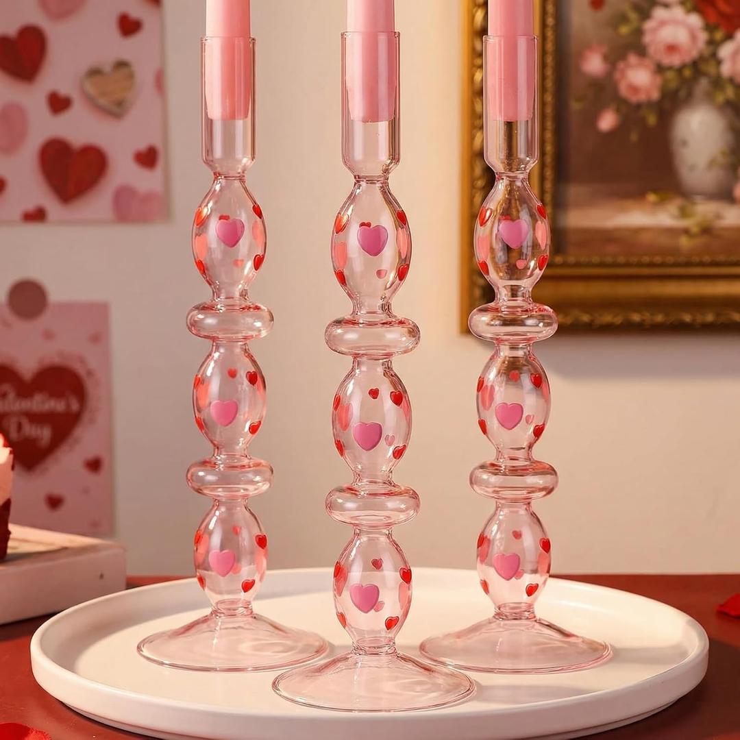 3 Pcs Valentine's Day Candlestick Holder Pink Heart Glass Taper Candle Holders Valentines Home Indoor Decor Table Centerpieces Dinner Party Valentines Galentine Wedding Home Decorations