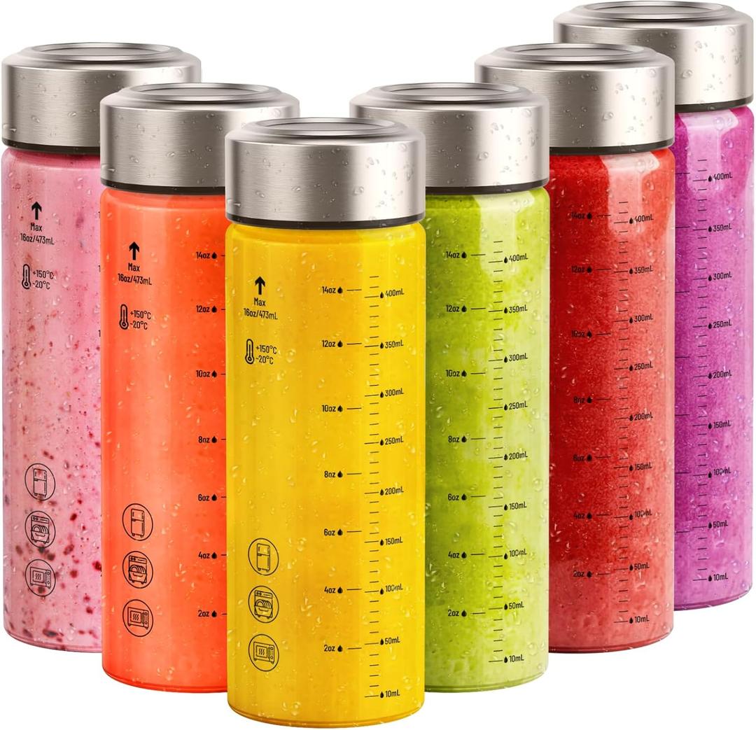 Sursip Glass Juice Bottles 6 Pack 16 oz  Wide Mouth Reusable Bottles with Stainless Steel Lids  Heat-Resistant Borosilicate Glass, BPA Free, Leakproof for Juicing, Smoothies, Milk, Infused Water