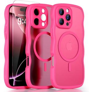 QVLANG Case for iPhone 16 Pro Max, Cute Wave Cover Case, Upgraded[Full Camera Protection][Compatible with Magsafe][Military Grade Protection][Translucent Matte] Phone Case for Women Girls, Hot Pink