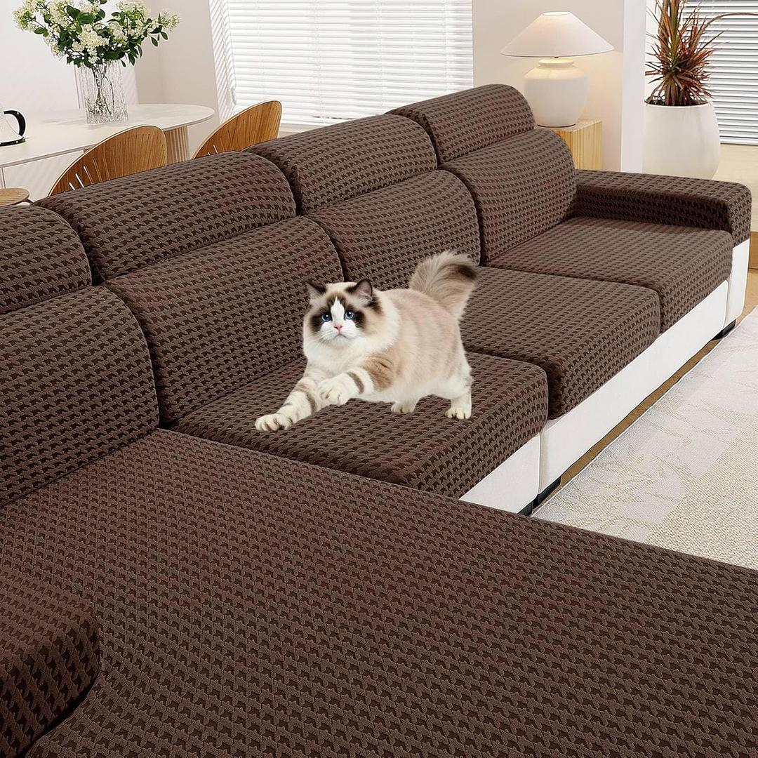 MAXIJIN Couch Cushion Covers for Sectional Sofa, Stretch Sofa Cushion Cover Washable Furniture Protector with Elastic Bottom & Non-Slip Strap for Pets Kids (3PC Seat Cover, Brown)