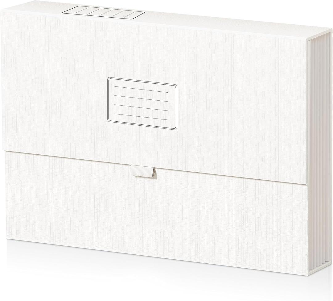 JiaWei Expanding File Folder with Pockets, White Accordian Filing Folder with 7 Pockets. A4 Letter Size Documents Organizer with Labels for Receipt and File Organizer.