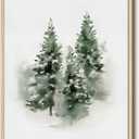 Vintage Three Green Pine Trees Framed Canvas Print Christmas Wall Art, 12x16 Winter Snowy Forest Holiday Nordic Painting Artwork, Rustic Scandinavian Living Room Bedroom Farmhouse Home Decor