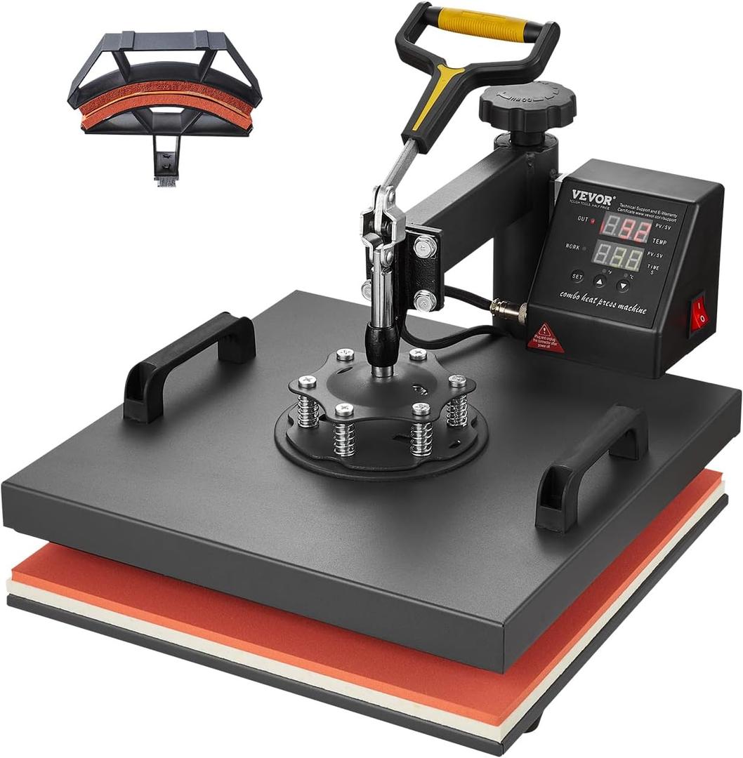 VEVOR 2 in 1 Heat Press Machine for T Shirts and Hats, 15x15 Inch Professional Swing Away Digital Tshirt Press Machine for Sublimation, Vinyl, Heat Transfer Projects
