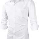 Beninos Mens Slim Fit Solid Point Collar Button Down Dress Shirt (Medium, White)