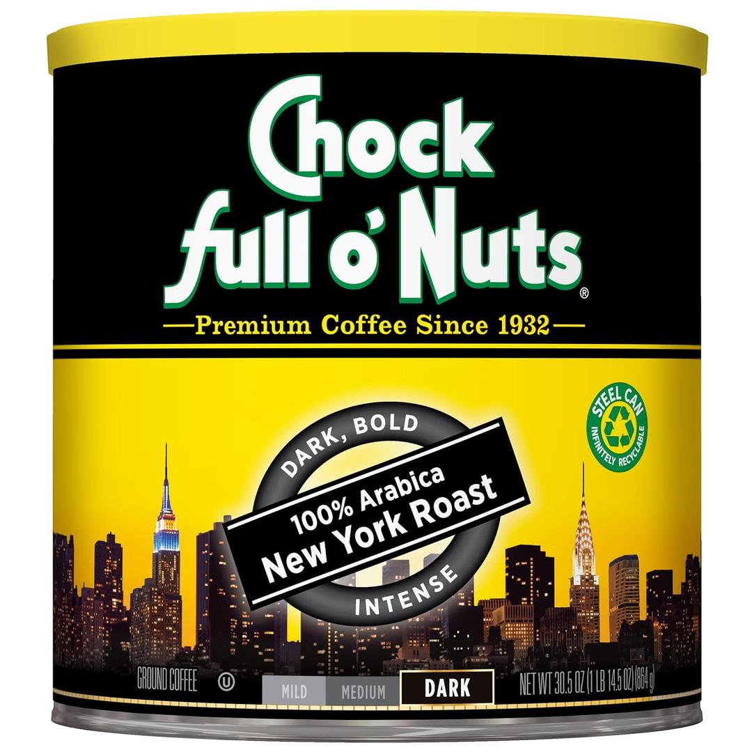 Chock Full o' Nuts New York Roast Ground Coffee Premium Beans in Recyclable Steel Can Rich Flavor & Aroma, Dark Roast Perfect for Drip, Pour-Over, Percolator 30.5 Oz Can, BB Date: 09/25/27