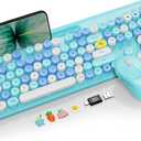 Wireless Keyboard and Mouse Combo, Retro Round Keycaps, Full-Size Cute Typewriter Keyboard with Large Phone/Tablet Holder, Auto-Sleep, 2.4GHz Cordless Connection for Windows/PC/Laptop (Sky Blue)