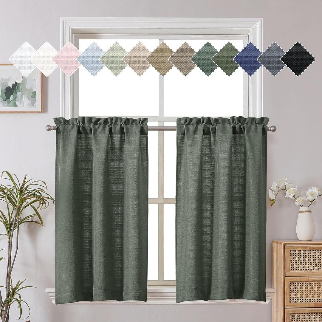Chyhomenyc Bennet 2 Panels Olive Green Kitchen Curtains 24 Inch Length Tier Curtains, Faux Linen Textured Small Cafe Curtains, Light Filtering Short Window Curtains for Bathroom Basement, 30x24 Inch