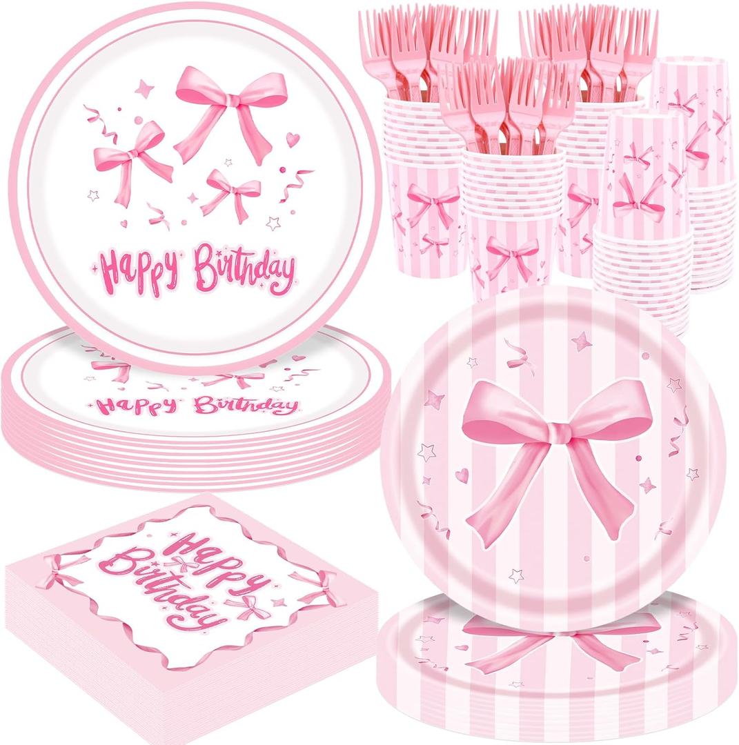 REDWORD Pink Bow Birthday Decorations, 120Pcs Bow Party Tableware Plates Napkins Cups for Pink Birthday Girls Bachelorette Party Decorations-Serves 24