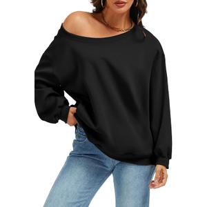 ELLEVEN Womens Off Shoulder Sweatshirt, Casual Long Sleeve Pullover Tops with Pockets (Black, S)