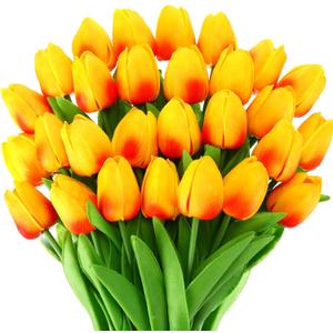 Lyrow 30 Pcs Tulips Artificial Bouquet Flowers Faux Tulips for Home Kitchen Wedding Decorations,Gift Idea for Easter Decor Mother's Day Birthdays(Gold Yellow)