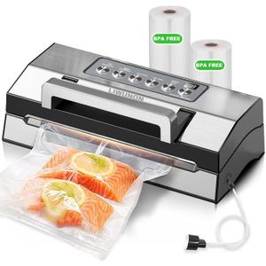 2025 Upgraded Precision Fast-Vacuum Sealer, LIWUNON Commercial Full Automatic Food Vacuum Sealer Machine, Double Heat Seal, Built-in Cutter&Bag Storage, Powerful Food Vacuum Saver, 2 Bag Rolls&hose (Stainless steel)
