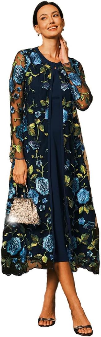 Women's Maxi Dresses 2 Piece Outfit Wedding Guest Cocktail Tea Party Dress Ruffle Lace Floral Casual Formal Evening Dress (XL)