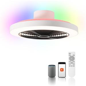 Orison Smart Bladeless Low Profile Ceiling Fan with LED-RGB Ambient Lighting Compatible with Alexa/Google Assistant/App Control, 6-Speed Color Change, Quiet Operation with Remote &App,19.7", White