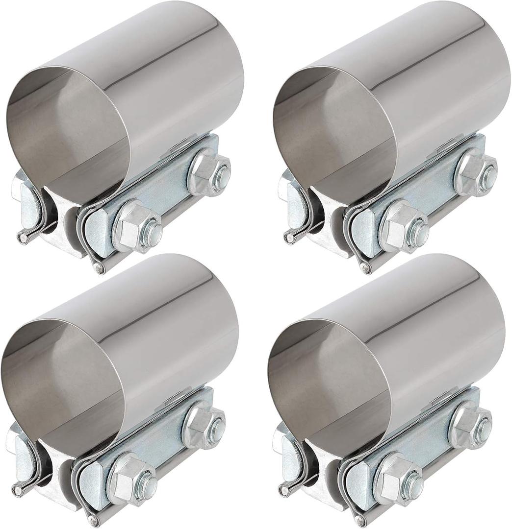 4 Pack 2 12 In Stainless Steel Butt Joint Exhaust Clamp Band Sleeve, 2.5 In Premium and Durable Butt Joint Exhaust Clamp with Even Clamping Force, Silver