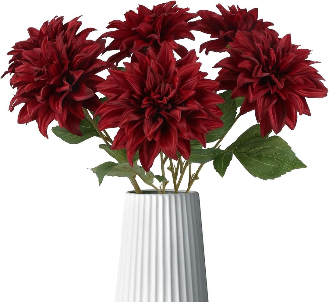 5PCS Burgundy Dahlia Artificial Flowers 6" Large Faux Dahlia Realistic Silk Flowers 20in Long Stem Fake Dahlia Bouquets for Wedding Bride Centerpieces for Table Home Party Floral Decor (Burgundy)