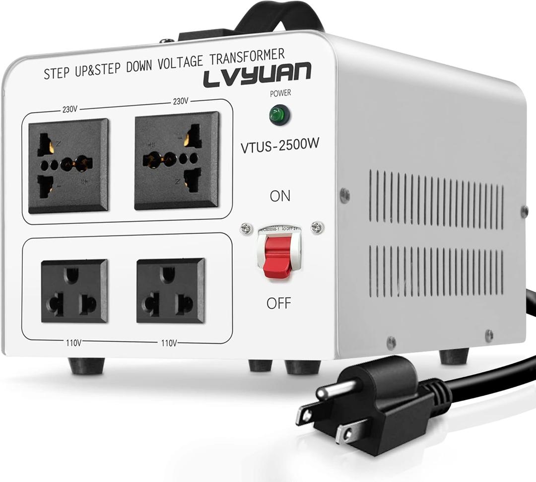 LVYUAN 2500 Watt Voltage Transformer Converter Step Up/Down Converter 110/120 Volt - 220/240 Volt with 2 US outlets, 2 Universal Outlets and CE Certified, Circuit Break Protection