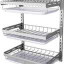 Dish Rack Wall Mounted, Hanging Dish Drying Rack,3 Tier Stainless Steel Dish Rack, Adjustable Length Drain Rack. with Drain Tray, Hooks Silvery