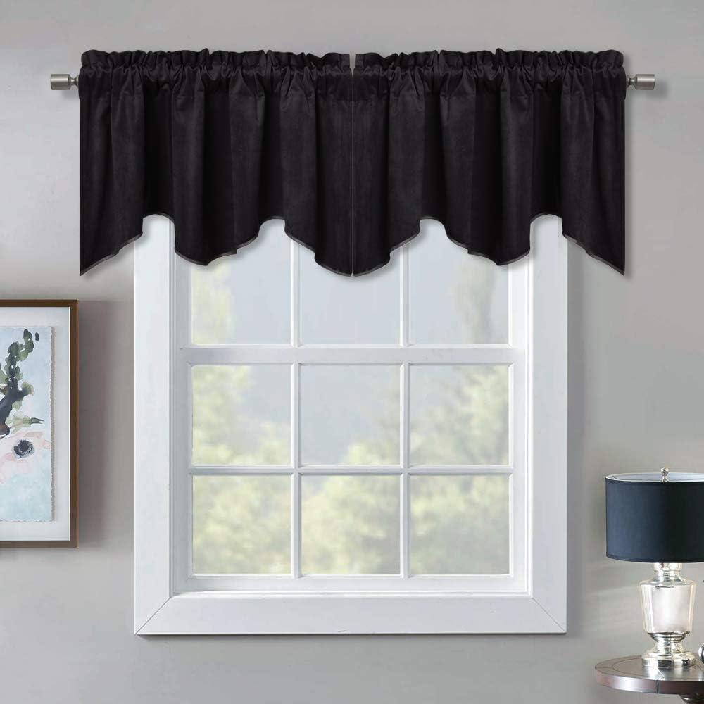 Blackout Scalloped Valance for Window - Luxury Velvet Curtain Tiers Thermal Insulated Privacy Drapes, Extra Wide and Short Window Treatment for Backdrop/Office, Black, 52 x 18-inch, 1 Pc (52"W x 18"L (Pack of 1))
