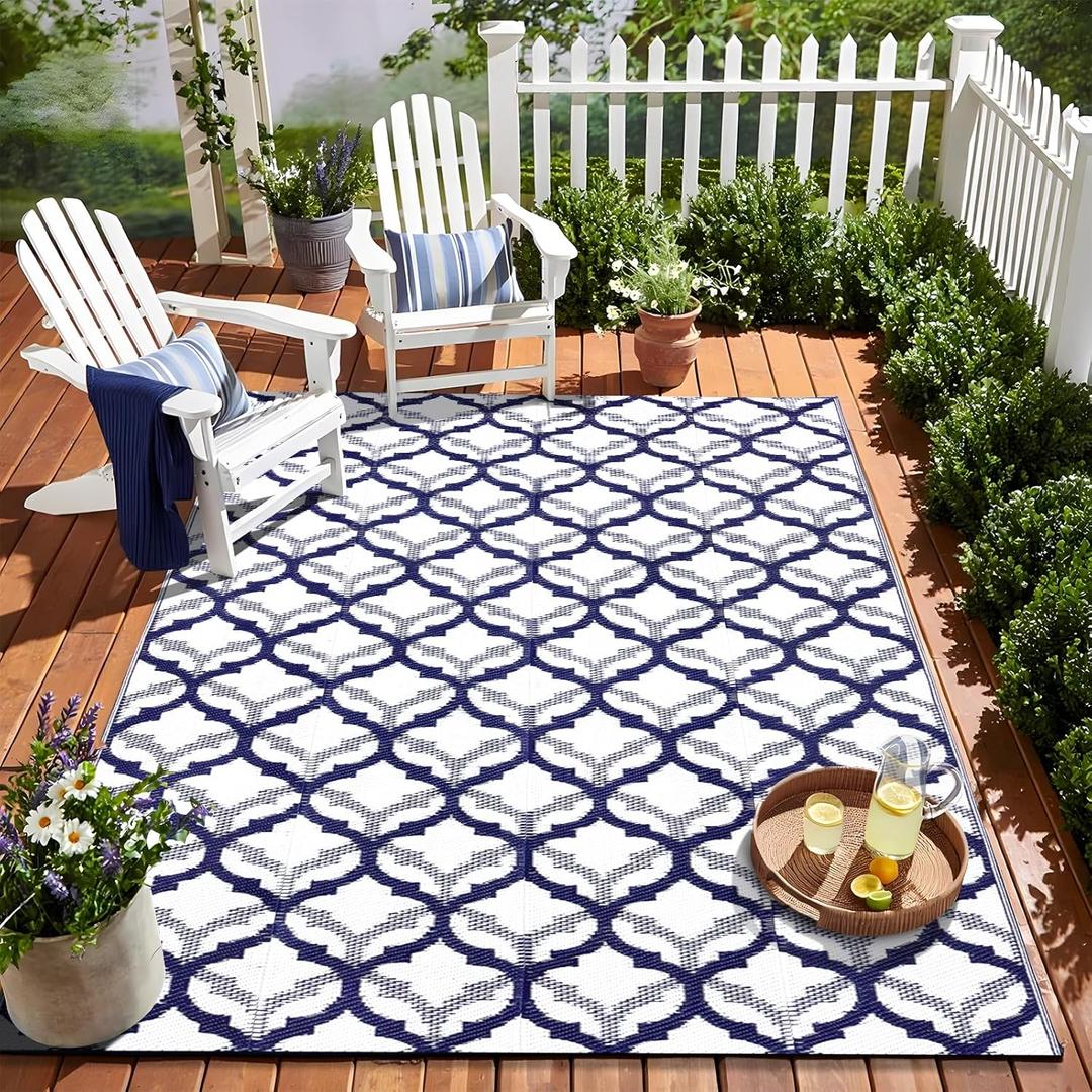 OLANLY Reversible Outdoor Rug 5x8 ft Clearance, Waterproof Outdoor Plastic Straw Rug with Interlacing Pattern, RV Mat for Patio, Camping, Balcony, Deck, Backyard, Navy & White