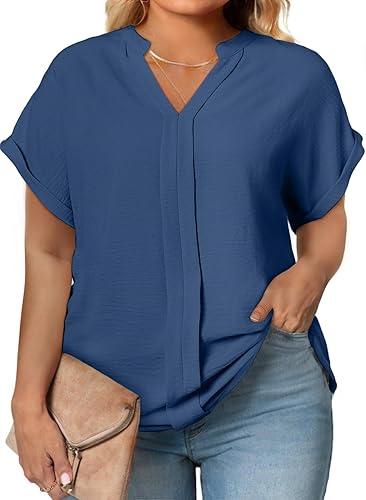 Eytino Womens Plus Size Summer Tops V Neck Short Sleeve Dressy Casual Blouse Work Shirts (1X)