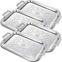 4 Pack Stainless Steel Serving Tray with Handle, 16 x 11.4 Inch Large Silver Plate Elegant Floral Metal Platter Tableware for Buffet Wedding Birthday Decorative