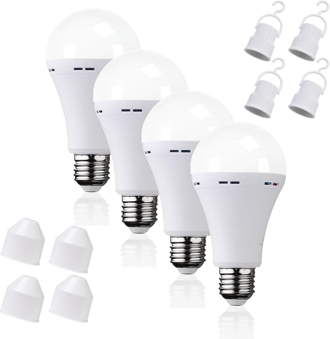 Rechargeable Emergency LED Bulb, with 1200mAh Backup Battery, Standard E26/27 Base, Suitable for Indoor and Outdoor Use, White Light, 4 Pieces