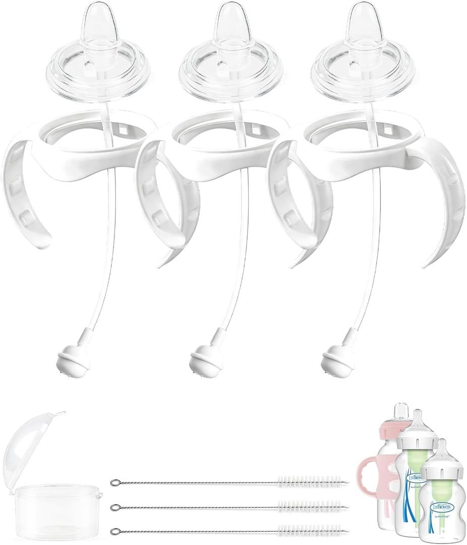 Spout Sippy Cup Conversion Kit for Dr Browns Wide-Neck Baby Bottles, Sippy Cups Transition Kit with Soft Straw top,Weighted Straw, Bottle Handle, Cleaning Brush, Dust-Proof Case, 6m+, Pack of 3