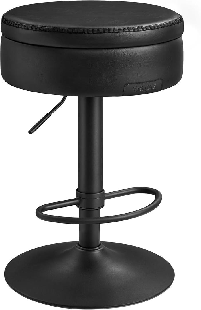 VASAGLE EKHO Collection - 360 Swivel Bar Stool, Height Adjustable Barstool with Storage, Synthetic Leather with Stitching, Mid-Century Modern, Kitchen Bar, Easy Assembly, Ink Black