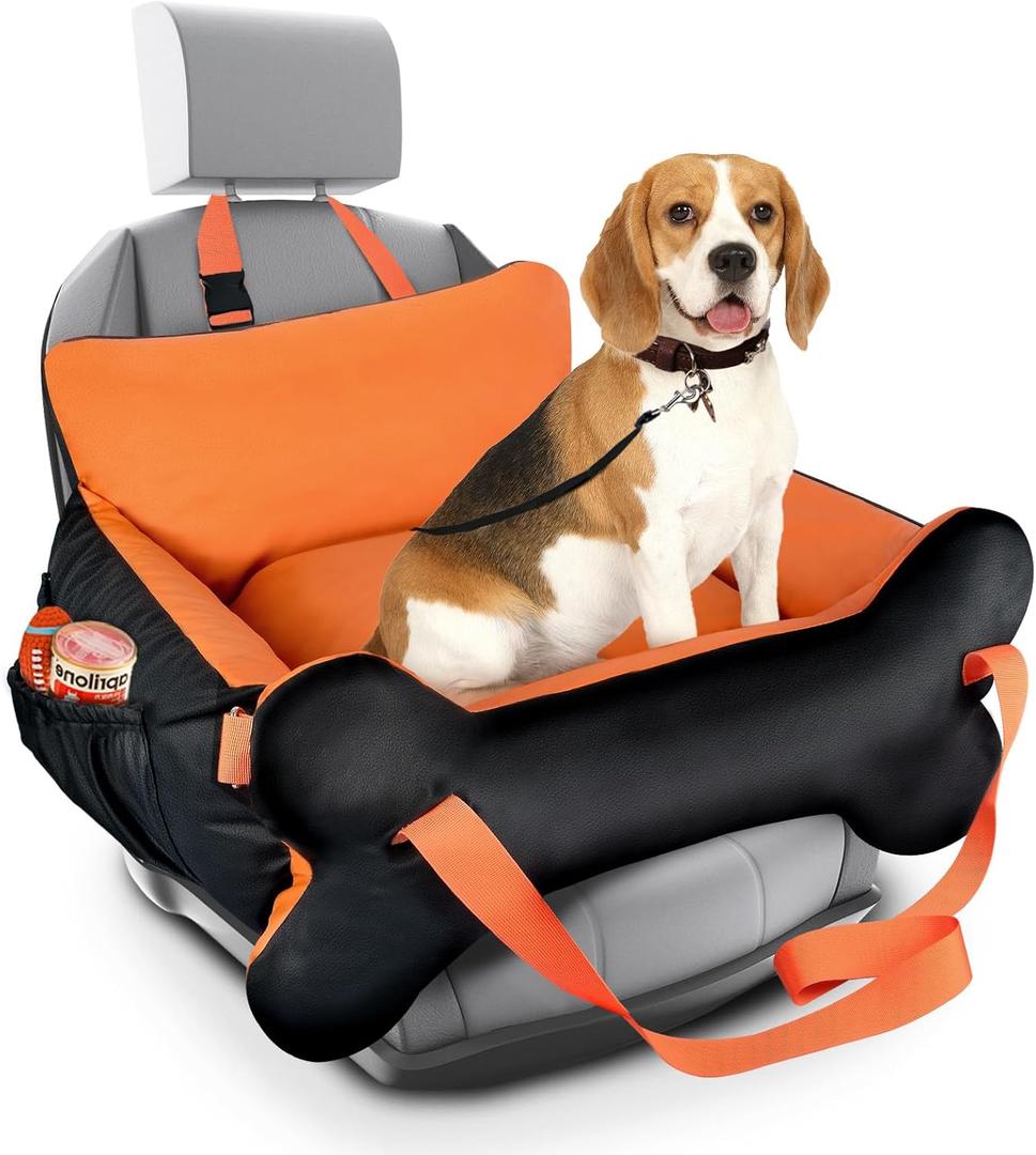 29.5"x19.7"x9.8" Dog Car Seat for Middle Dogs & Cats with Leash, Water-Resistant Faux Leather Booster Car Seat with Side Pocket for Summer Travel, Dog Bed for SUV, Truck with Bone Decor (Medium, Orange & Black)