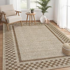 GarveeHome 5x7 Washable Area Rug for Bedroom Living Room Non Slip Modern Bordered Throw Rugs Low Pile Soft Checkered Dining Room Area Rugs Geometric Throw Carpet for Kitchen Nursery Office, Taupe
