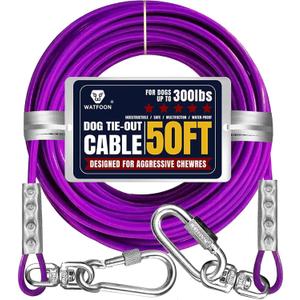 50ft Dog Tie Out Run Cable for Dogs Up to 300lbs, Long Chains Training Tether Leash Heavy Duty Pet Run Cable with Stainless Dual Fix Buckle for Yard Garden Park Camping Training Outside(Purple)