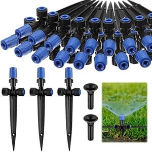 20 Pcs Drip Irrigation Emitters for 1/4 Inch Tubing Adjustable 360 Degree Water Flow Drippers with Stakes for Garden Greenhouse Lawn Watering System(Blue, Fan Shape Emitter)