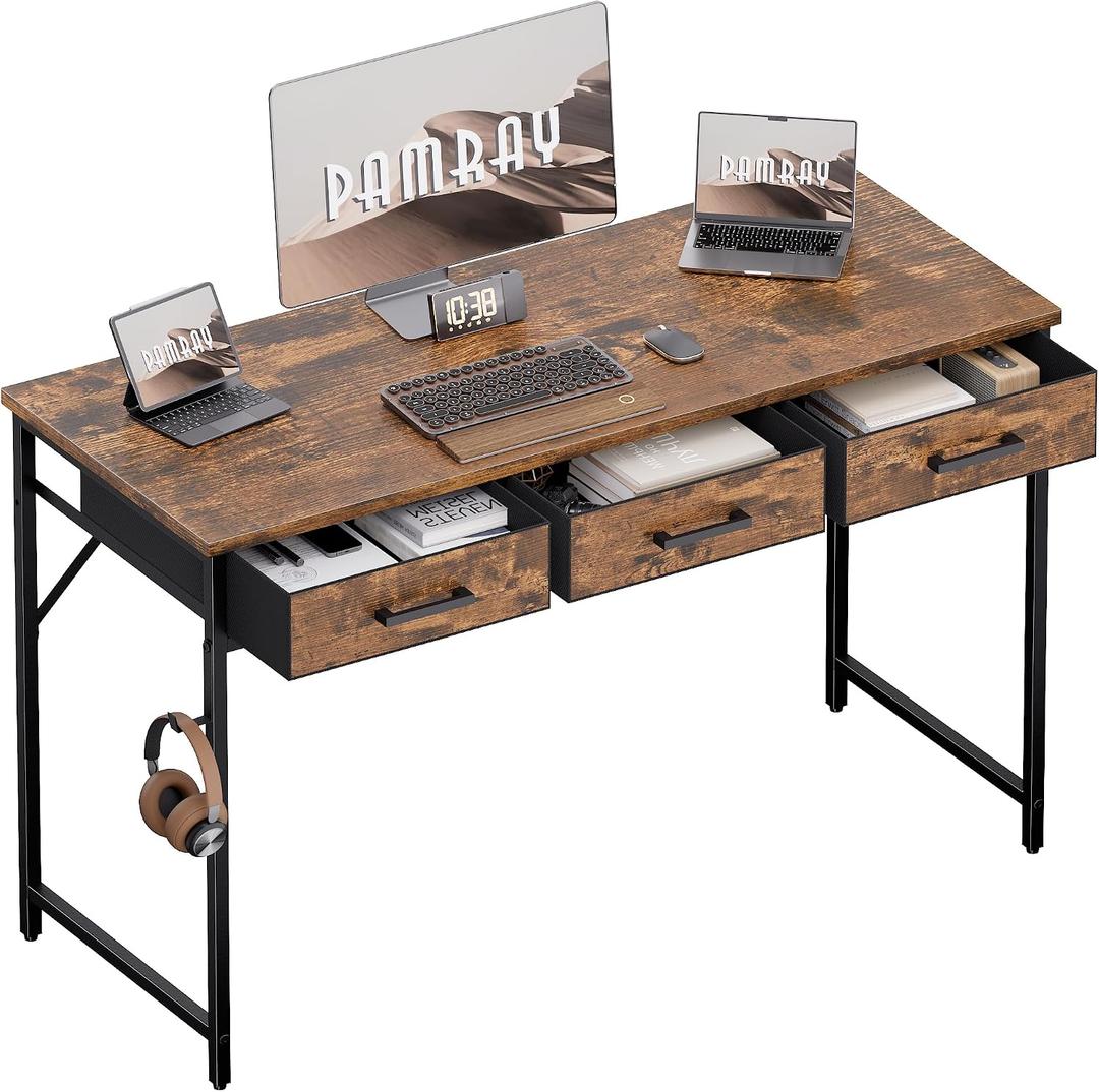 Pamray 47 Inch Small Computer Desk with 3 Drawers for Bedroom Study Writing Home Office Table for Small Spaces Vintage