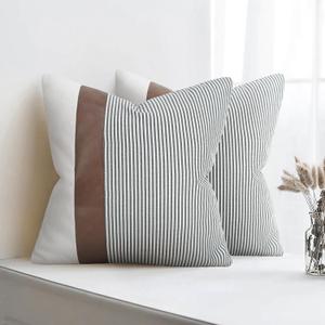 Modern Farmhouse Decorative Throw Pillow Covers 16x16 Set of 2 Black Striped Linen and Faux Leather Pillow Covers for Couch Sofa Bedroom Livingroom Neutral Accent Cozy Cushion Covers (White)