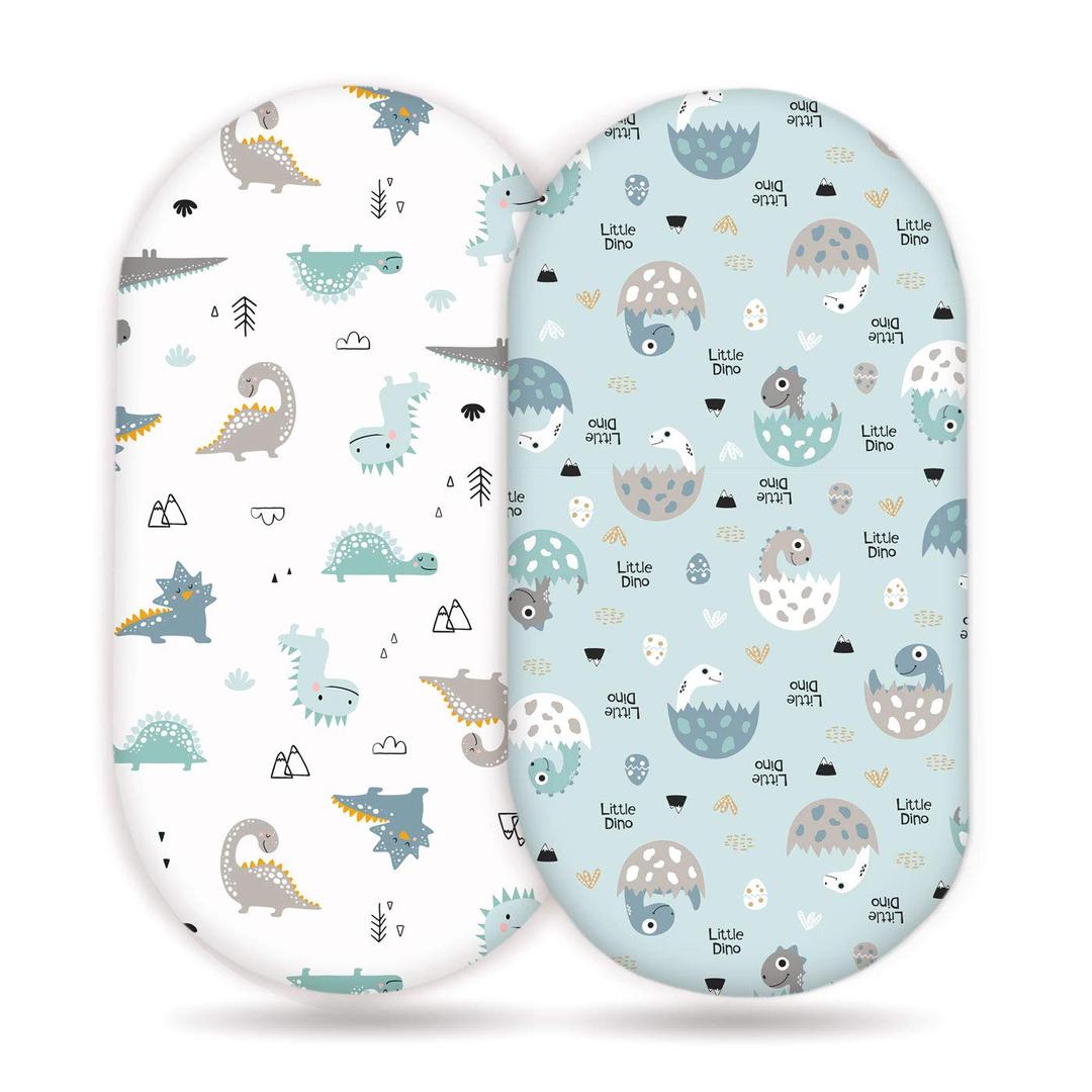 GRSSDER Stretchy Ultra Soft Fitted Bassinet Sheet Set 2 Pack, Universal Fit for Bassinets Baby Cradle Moses Basket Oval Rectangle Pad/Mattress, Happy Dinosaurs Bassinet Sheets for Girls and Boys (Blue)