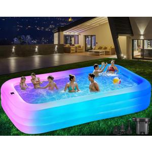 Large Solar Inflatable Pool with Lights, 130"x72"x22" Blow-Up Kiddie Pool with Air PUM, 7 Color Changed Family Swimming Pool for Backyard, Outdoor (Blue)