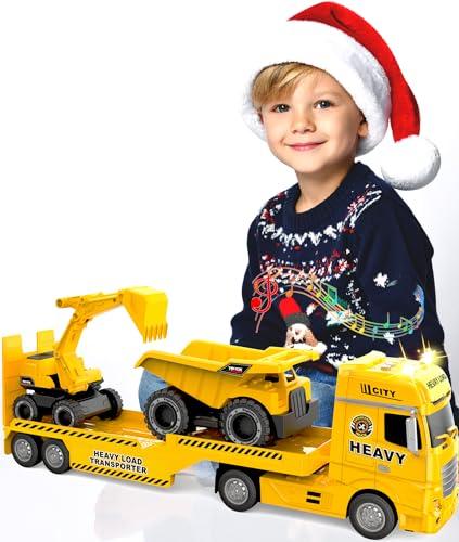 Noaln Construction Carrier Truck Toy with Excavator and Dump Truck, Friction Powered Toddler Toys with Light and Sounds, Gifts for Age 3+Years Old Boys & Girls