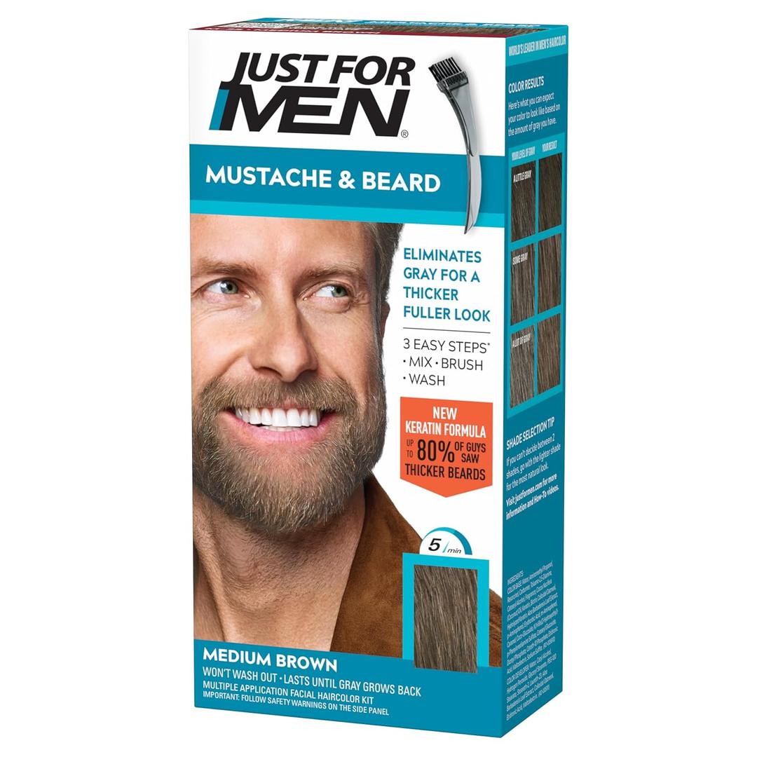 Just For Men Mustache & Beard, Beard Coloring for Gray Hair with Brush, with Keratin Biotin Aloe and Coconut Oil for Healthy Facial Hair - Medium Brown, M-35, Pack of 1 