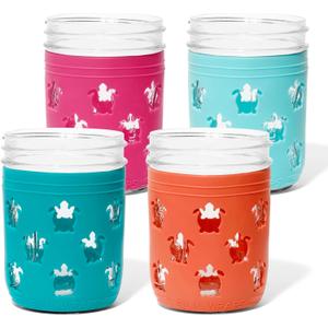 Silicone Mason Jar Sleeves, Anti-Slip Protector wraps for 16oz Ball and Kerr Regular & Wide Mouth Mason Jars, Decorative & Resistant Jar Jackets, Set of 4 Sleeves, Sea Turtle Juicy Fruit