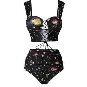Bikini Set for Women Two Piece Bathing Suit High Waisted Bikini Gothic Sun and Moon Tummy Control Swimsuits