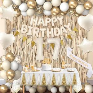 17th Birthday Decorations for Girls, White and Gold 17 Boho Birthday Party Supplies Includes Number Balloons, Banner, Fringe Curtain, Cake Topper