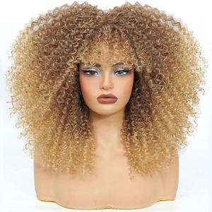 Curly Wig Afro Curly Wigs for Black Women Afro Kinky Curly Wig With Bangs Full and Fluffy Glueless Wig Synthetic Hair Replacement Wigs for Cosplay and Daily (Ombre Blonde, 16inch)