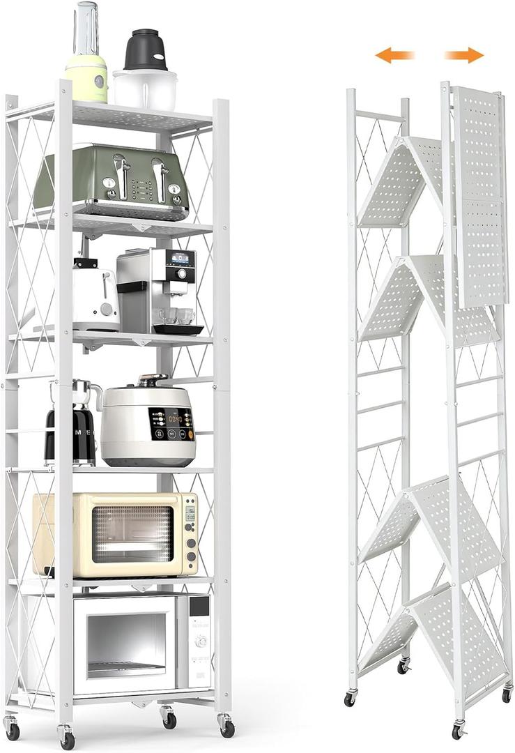 Yuanjimi 6-Tier Foldable Storage Shelves with Wheels, Folding Metal Shelf Unit, Folding Bookshelf no Assembly, Collapsible Shelves for Craft Shows for Kitchen, Bedroom, Living Room, White