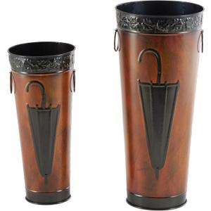 Deco 79 Metal Umbrella Stand with Umbrella Image and Handles, Set of 2 21", 17"H, Brown