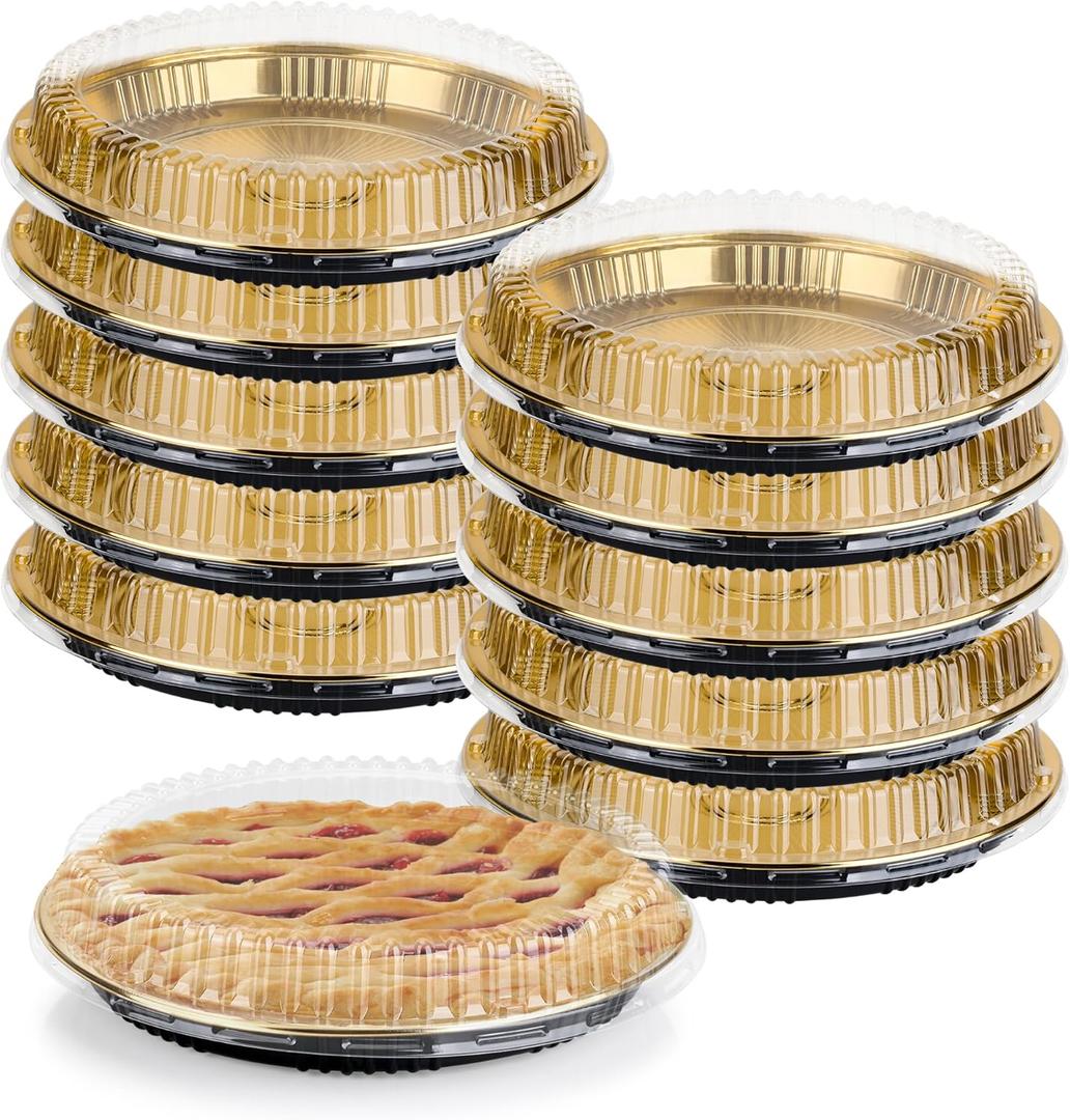 10 Pcs Disposable Pie Carrier with Clear Lid 12.4 Inch Round Pie Carrier Pies Holder with Lids for Cake Pizza Candy Salads Meal Prep, Gold