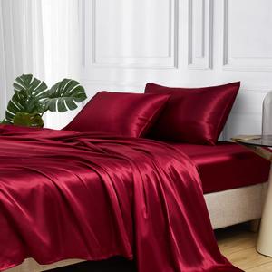 MR&HM Satin Bed Sheets, Queen Size Sheets Set, 4 Pcs Silky Bedding Set with 15 Inches Deep Pocket for Mattress (Queen, Burgundy)