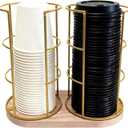 Lurockie Metal 2-Compartment Coffee Cup Dispenser with Wood Base, Disposable Cup, and Lid Organizer for Countertop, Suitable for Gyms, Offices, Kitchens, CafesLight Gold